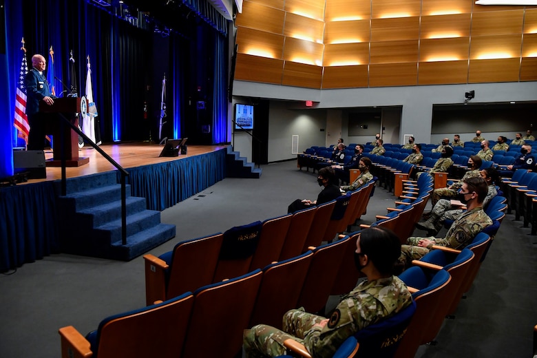 Chief of Space Operations Gen. John W. Raymond delivers remarks during a ceremony at the Pentagon transferring airmen into the U.S. Space Force, Arlington, Va., Sept. 15, 2020. About 300 airmen at bases worldwide, including 22 in the audience, transferred during the ceremony.