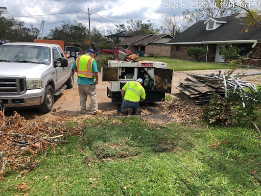 IN THE PHOTO, U.S. Army Corps of Engineers contractors install a generator at one of several facilities requesting temporary power after Hurricane Laura damaged their installation. The temporary power mission is one of the Corps' primary missions in supporting Louisiana's recovery from Hurricane Laura. (Courtesy photo)