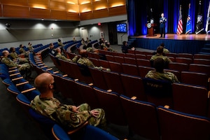 Chief Master Sgt. Roger A. Towberman, senior enlisted advisor of U. S. Space Force, delivers remarks after a ceremony at the Pentagon transferring airmen into the Space Force, Arlington, Va., Sept. 15, 2020. About 300 airmen at bases worldwide, including 22 in the audience, transferred during the ceremony. (U.S. Air Force photo by Eric R. Dietrich)