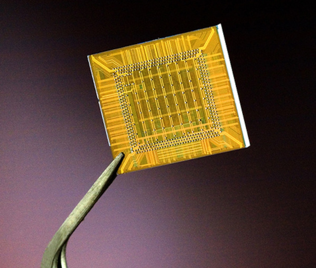 Computer processing unit held between skinny tweezers.