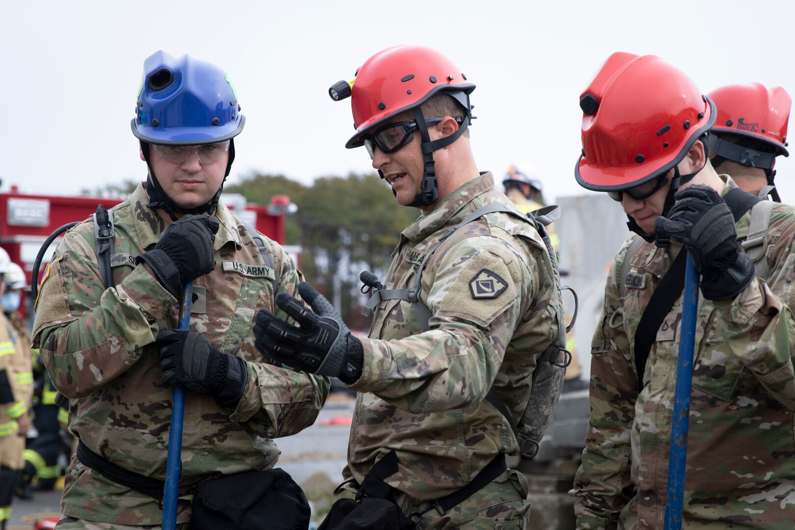 West Virginia National Guard’s 35th Chemical, Biological, Radiological, Nuclear, and High Yield Explosive (CBRNE) Enhanced Response Force Package (CERFP) search and extraction team members participate in a rescue scenario during a Vigilant Guard Massachusetts exercise at Joint Base Cape Cod Nov. 6, 2018. The Massachusetts National Guard hosted Vigilant Guard 19-1, a full-scale civil-military exercise, with 46 federal, state, local and civilian organizations, Nov. 5-9, 2018, in various locations throughout the Commonwealth of Massachusetts. (U.S. Army National Guard photo by Sgt. Zoe Morris)