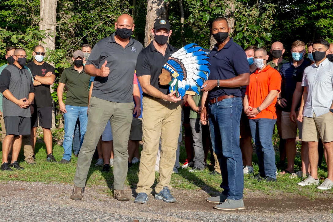 The 19th Sergeant Major of the Marine Corps, Sgt. Maj. Troy E. Black, poses for photo with the 2nd Battalion, 6th Marine Regiment, Commanding Officer and Sergeant Major at a unit event in Chancellorsville V.A., Sept. 10, 2020. The purpose of the visit was to discuss leadership during times of war. The Marines of 2/6 are preparing for a deployment come 2021. (U.S. Marine Corps photo by Sgt. Victoria Ross)