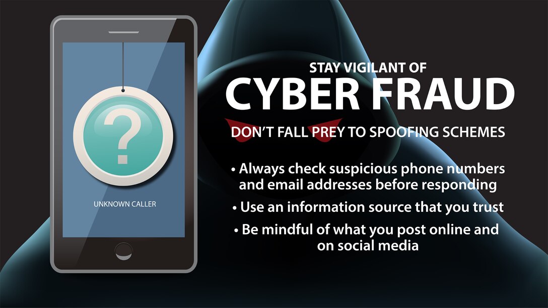 Graphic shows a cell phone with a question mark over top of it and the words "Cyber fraud"