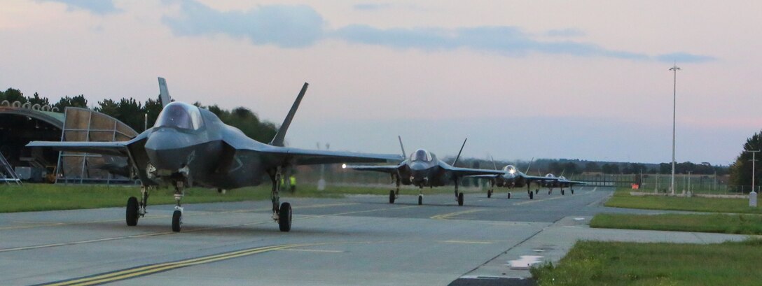 Five F-35B Lightning II Joint Strike Fighters taxi at Royal Air Force Station Marham, United Kingdom on Sept. 3.