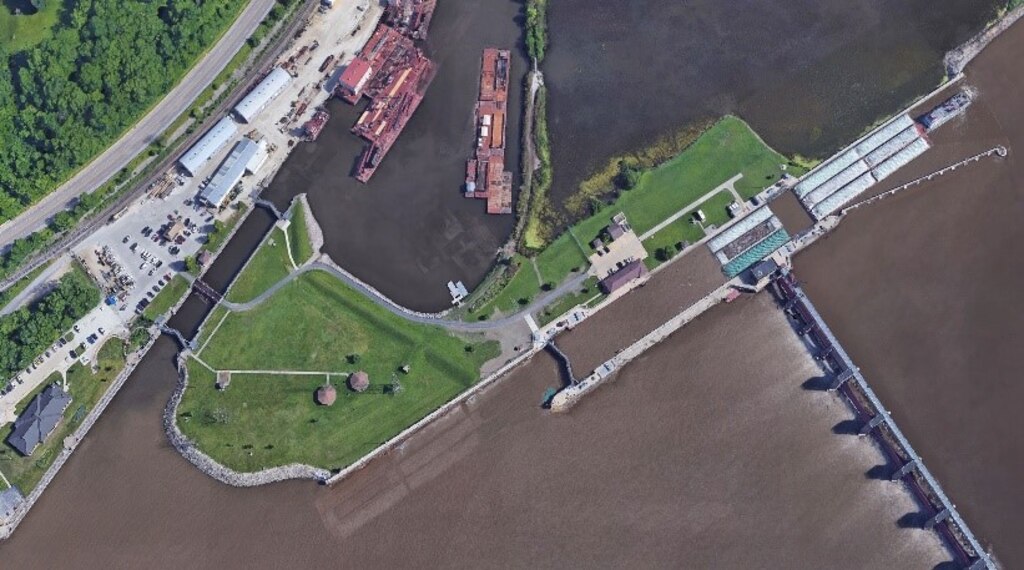 An aerial view of Locks and Dam 14 on the Mississippi River near LeClaire, Iowa.