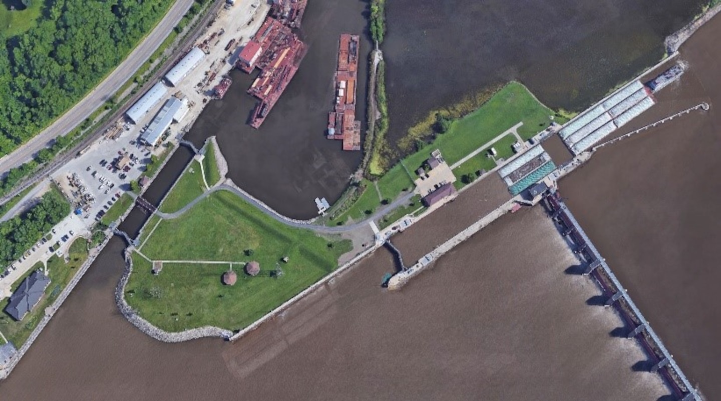 An aerial view of Locks and Dam 14 on the Mississippi River near LeClaire, Iowa.