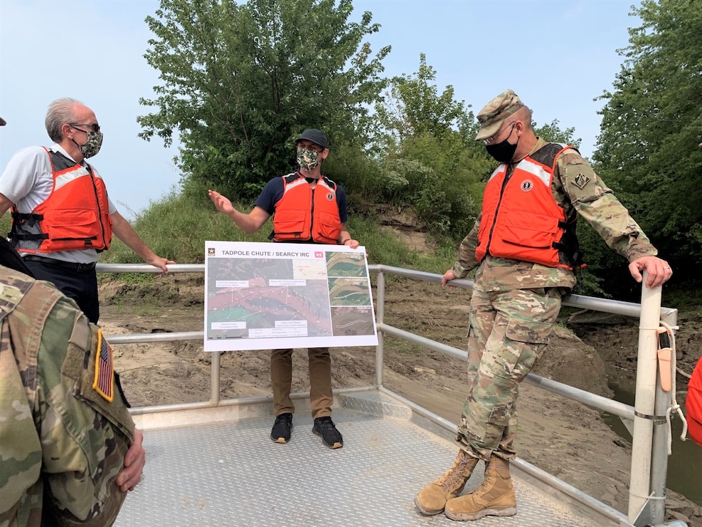 Dane Morris, Project Manager, explains damages to Tadpole Chute on the Missouri River to Maj. Gen. William H. Graham, Jr. and Stu Cook, Chief of the Operations Division, Kansas City District during a site visit on the Missouri River near Columbia, Mo. on September 15, 2020. Photo by Justin Hughes
