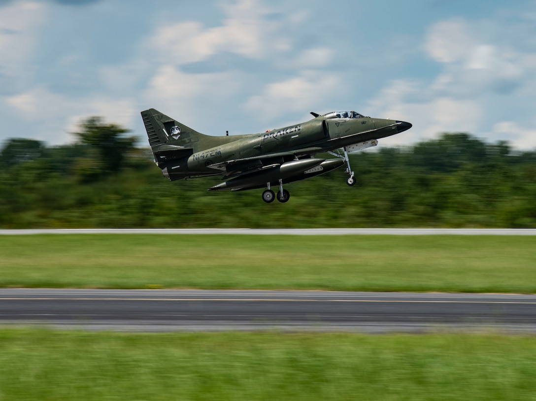 An A-4K Skyhawk assigned to Draken International takes off in preparation for an exercise at Kinston Regional Jetport, North Carolina, September 11, 2020. Draken works with the U.S. military to provide aerial threat simulation during exercises. (U.S. Air Force photo by Senior Airman Kylee Gardner)
