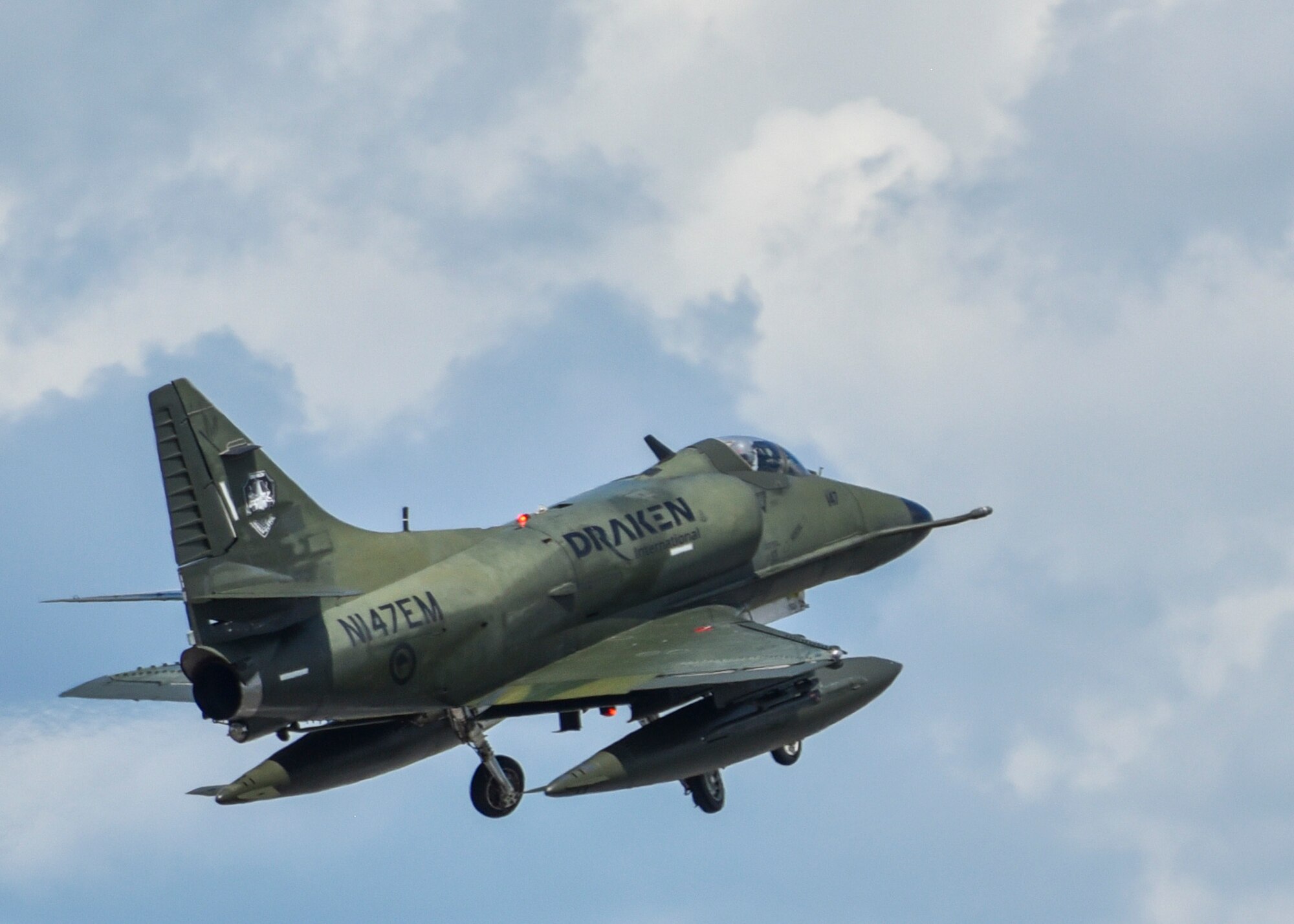 An A-4K Skyhawk assigned to Draken International takes off in preparation for an exercise at Kinston Regional Jetport, North Carolina, Sept. 11, 2020. Draken provided a realistic aerial training environment to F-15E Strike Eagle aircrew members at Seymour Johnson Air Force Base. (U.S. Air Force photo by Airman 1st Class Kimberly Barrera)