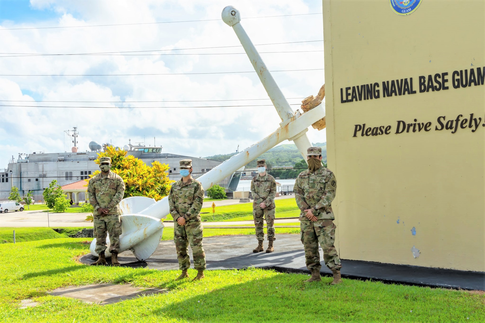 Sgt. Naim Chisolm, Sgt. Mariah Flores, Sgt. Shauna Bihlmaier and Sgt. Anthony Rodriguez, veterinary food inspection specialists from Public Health Activity-Guam, at Naval Base Guam, Guam, Aug. 11, 2020. Recently these Soldiers participated in the U.S. Army Public Health Command's Ship Rider program to help keep Sailors safe while at sea. Established as a Memorandum of Agreement with the Military Sealift Command, the Ship Rider program deploys an Army sergeant or staff sergeant veterinary food inspection specialist to select MSC Combat Logistics Force ships to inspect food shipments during deployments and exercises. During these operations, Soldiers are assigned to a ship for five to six months at a time, living and working side by side with Sailors, usually as the only Army member aboard a vessel. (U.S. Army photo by 1st Sgt. Christopher Harris)