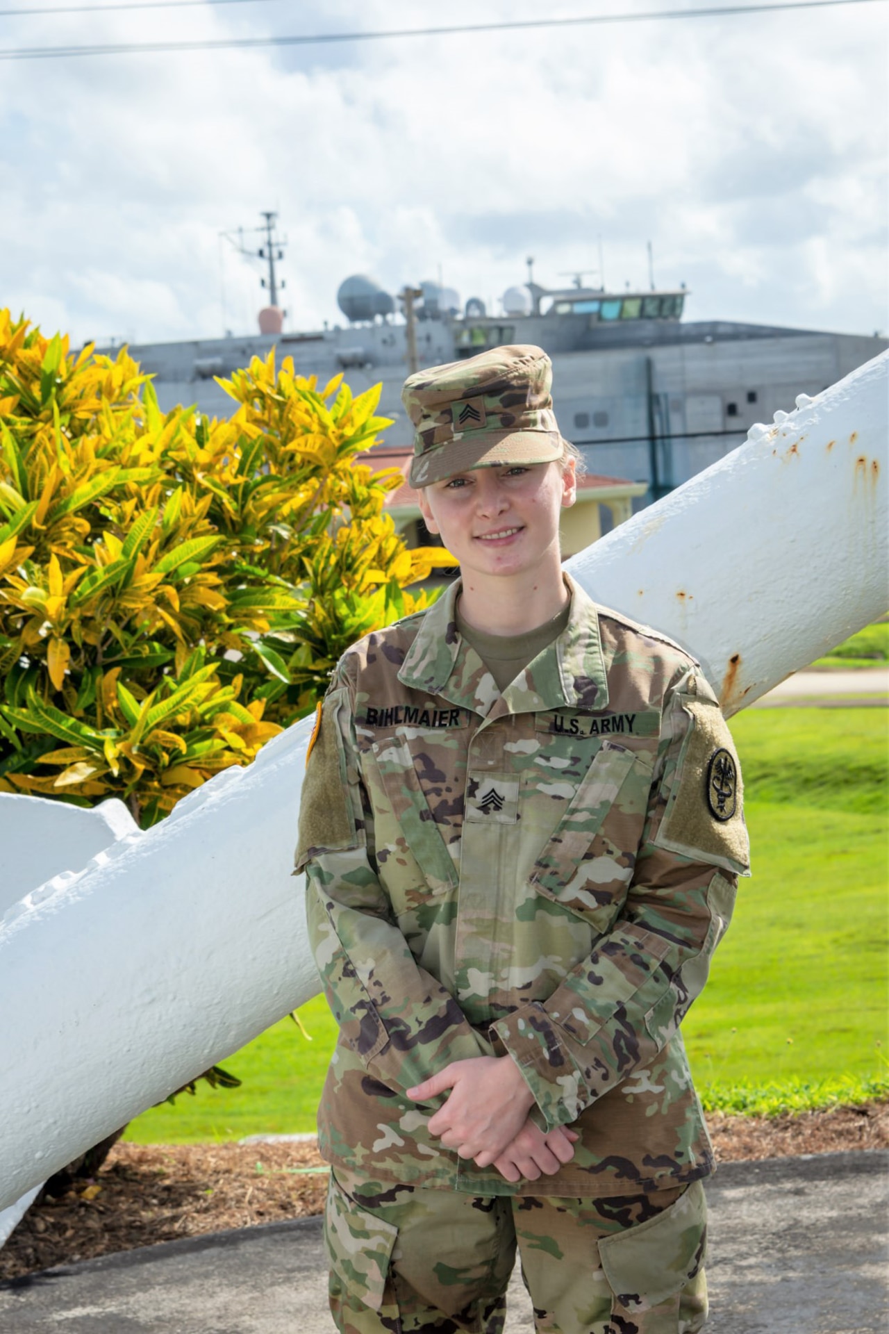 Sgt. Shauna Bihlmaier, a veterinary food inspection specialist from Public Health Activity-Guam, at Naval Base Guam, Guam, Aug. 11, 2020. Bihlmaier recently participated in the U.S. Army Public Health Command's Ship Rider program to help keep Sailors safe while at sea. Established as a Memorandum of Agreement with the Military Sealift Command, the Ship Rider program deploys an Army sergeant or staff sergeant veterinary food inspection specialist to select MSC Combat Logistics Force ships to inspect food shipments during deployments and exercises. During these operations, Soldiers are assigned to a ship for five to six months at a time, living and working side by side with Sailors, usually as the only Army member aboard a vessel. (U.S. Army photo by 1st Sgt. Christopher Harris)