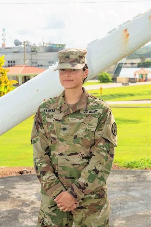 Sgt. Mariah Flores, a veterinary food inspection specialist from Public Health Activity-Guam, at Naval Base Guam, Guam, Aug. 11, 2020. Flores recently participated in the U.S. Army Public Health Command's Ship Rider program to help keep Sailors safe while at sea. Established as a Memorandum of Agreement with the Military Sealift Command, the Ship Rider program deploys an Army sergeant or staff sergeant veterinary food inspection specialist to select MSC Combat Logistics Force ships to inspect food shipments during deployments and exercises. During these operations, Soldiers are assigned to a ship for five to six months at a time, living and working side by side with Sailors, usually as the only Army member aboard a vessel. (U.S. Army photo by 1st Sgt. Christopher Harris