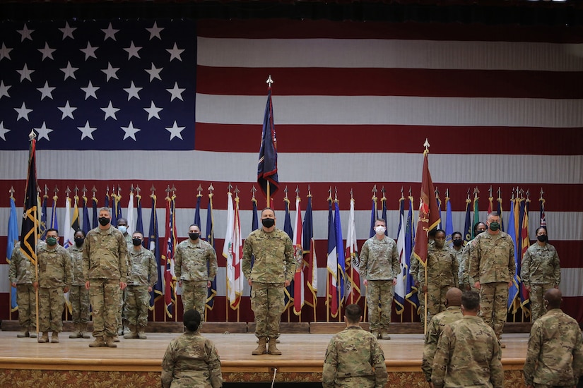 Army Reserve Soldiers conduct a Transfer of Authority ceremony at Fort Bliss, Texas, September 11, 2020.