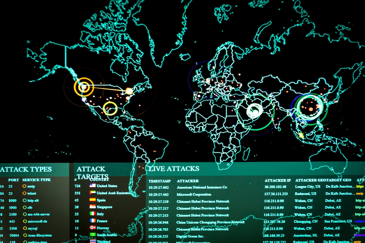 A computer-generated line map highlights points of cyber activity around the world.