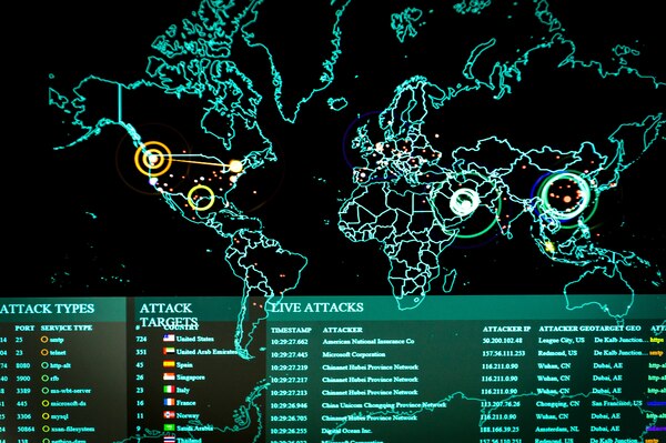 A computer-generated line map highlights points of cyber activity around the world.