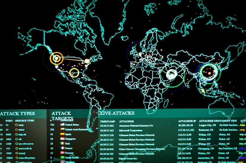 A computer-generated line map highlights points of cyber activity around the world.