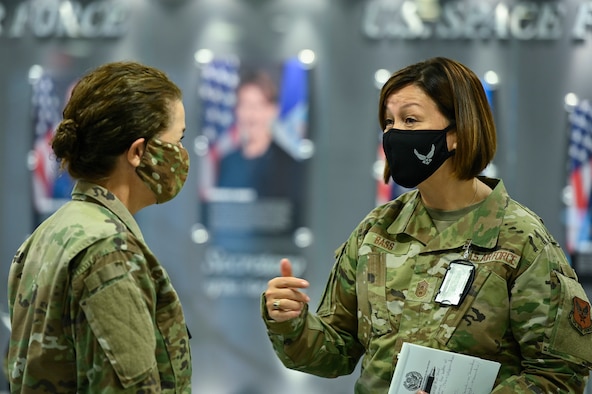 Chief Master Sgt. of the Air Force JoAnne S. Bass speaks with Space Force Lt. Gen. Nina Armagno after a presentation for the Air Force Association 2020 Virtual Air, Space & Cyber Conference, at the Pentagon, Arlington, Va., Sept. 14, 2020. This year will be the first virtual AFA conference due to COVID-19. (U.S. Air Force photo by Eric Dietrich)