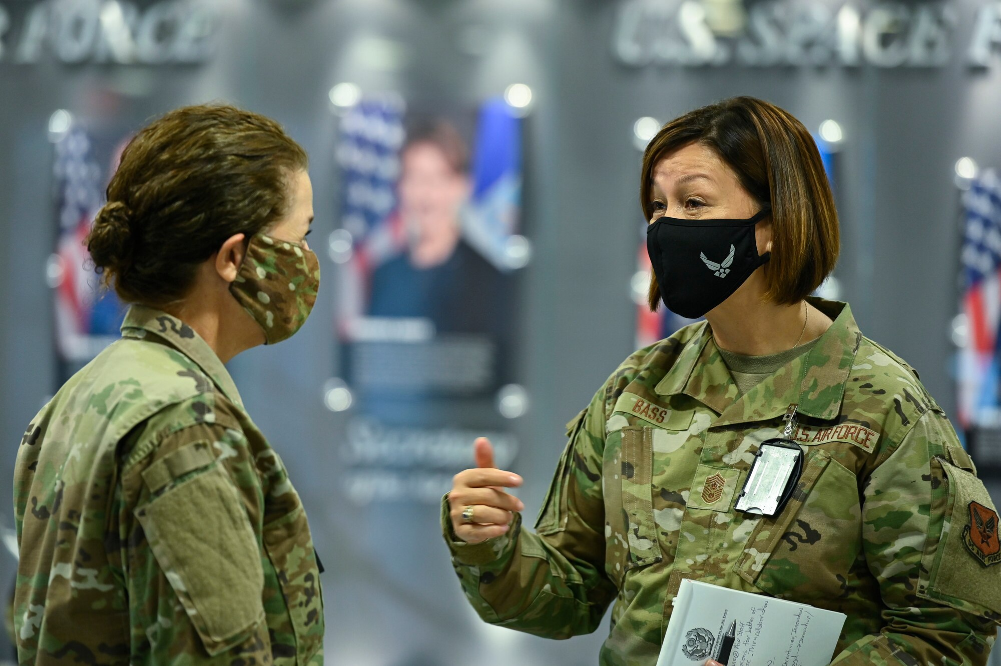 Chief Master Sgt. of the Air Force JoAnne S. Bass speaks with Space Force Lt. Gen. Nina Armagno after a presentation for the Air Force Association 2020 Virtual Air, Space & Cyber Conference, at the Pentagon, Arlington, Va., Sept. 14, 2020. This year will be the first virtual AFA conference due to COVID-19. (U.S. Air Force photo by Eric Dietrich)