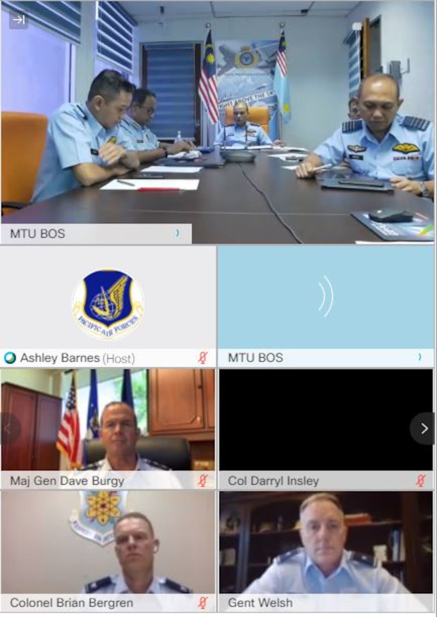 Royal Malaysian Air Force Maj. Gen. Mohd Shahada bin Ismail, Assistant Chief of Staff for Operation and Strategy Department at RMAF Headquarters, Kuala Lumpur (top middle) delivers his opening remarks during a virtual Airman-to-Airman Talks (A2AT) engagement September 14, 2020. This is the third iteration of A2AT between the two nations. Pacific Air Forces first began the A2AT program in 2012 and currently participates in bilateral air force talks with 13 nations. (U.S. Air Force photo by Staff Sgt. Hailey Haux)