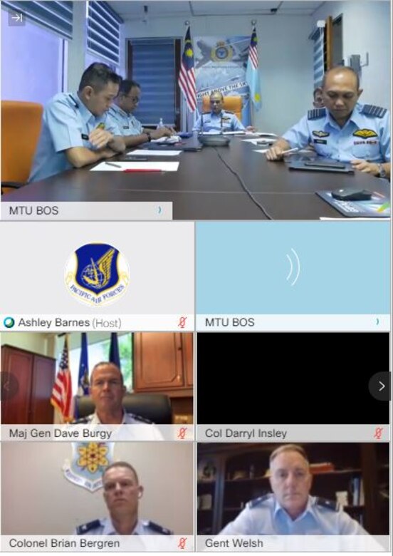 Royal Malaysian air force Maj. Gen. Mohd Shahada bin Ismail, Assistant Chief of Staff for Operation and Strategy Department at RMAF Headquarters, Kuala Lumpur (top middle) delivers his opening remarks during a virtual Airman-to-Airman Talks (A2AT) engagement September 14, 2020. This is the third iteration of A2AT between the two nations. Pacific Air Forces first began the A2AT program in 2012 and currently participates in bilateral air force talks with 13 nations. (U.S. Air Force photo by Staff Sgt. Hailey Haux)