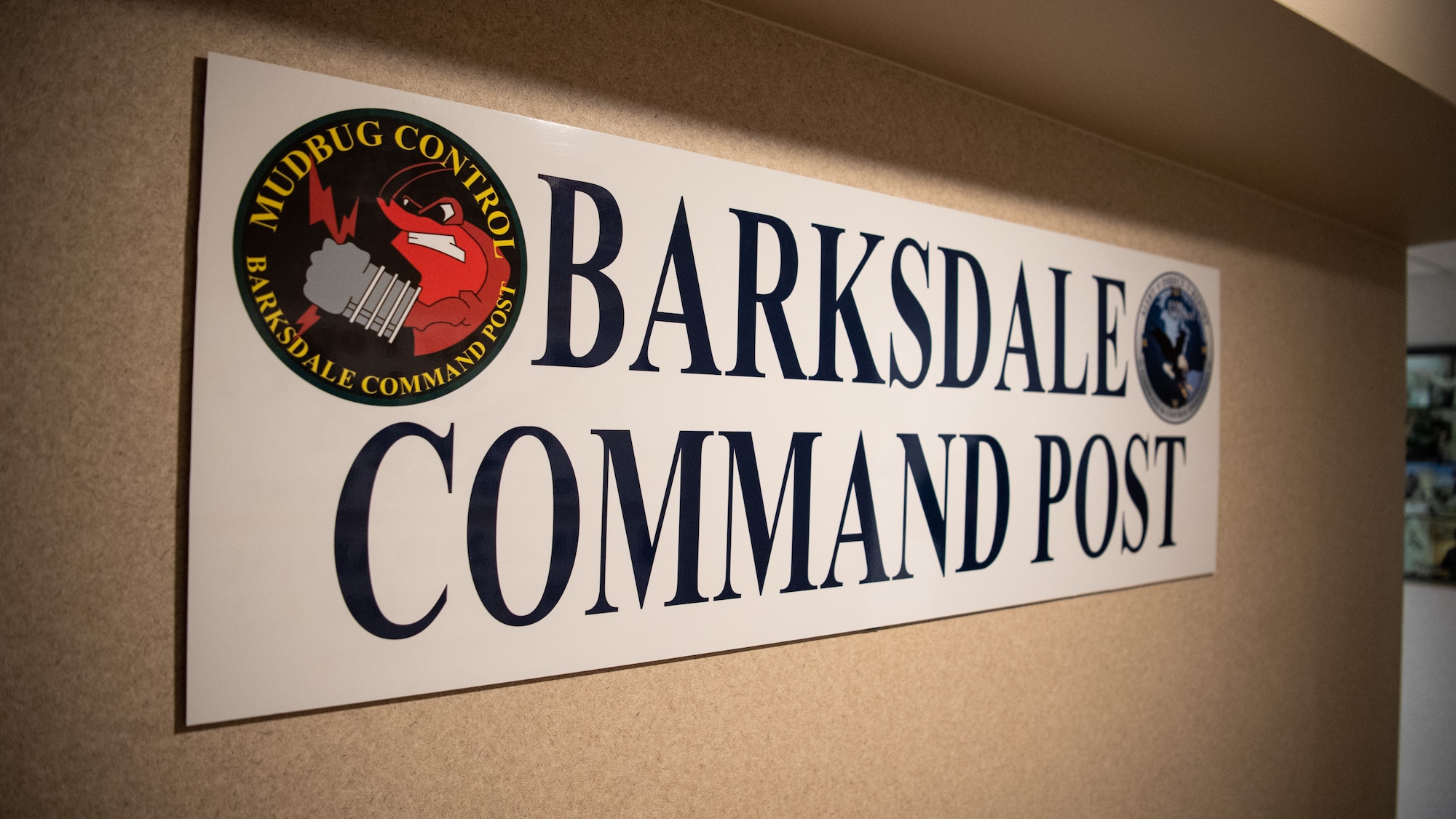 A "Barksdale Command Post" sign hangs at the entrance of the 2nd Bomb Wing command post at Barksdale Air Force Base, La., Sept. 9, 2020. Barksdale's command post is responsible for providing nuclear command and control for military forces. (U.S. Air Force photo by Airman 1st Class Jacob B. Wrightsman)