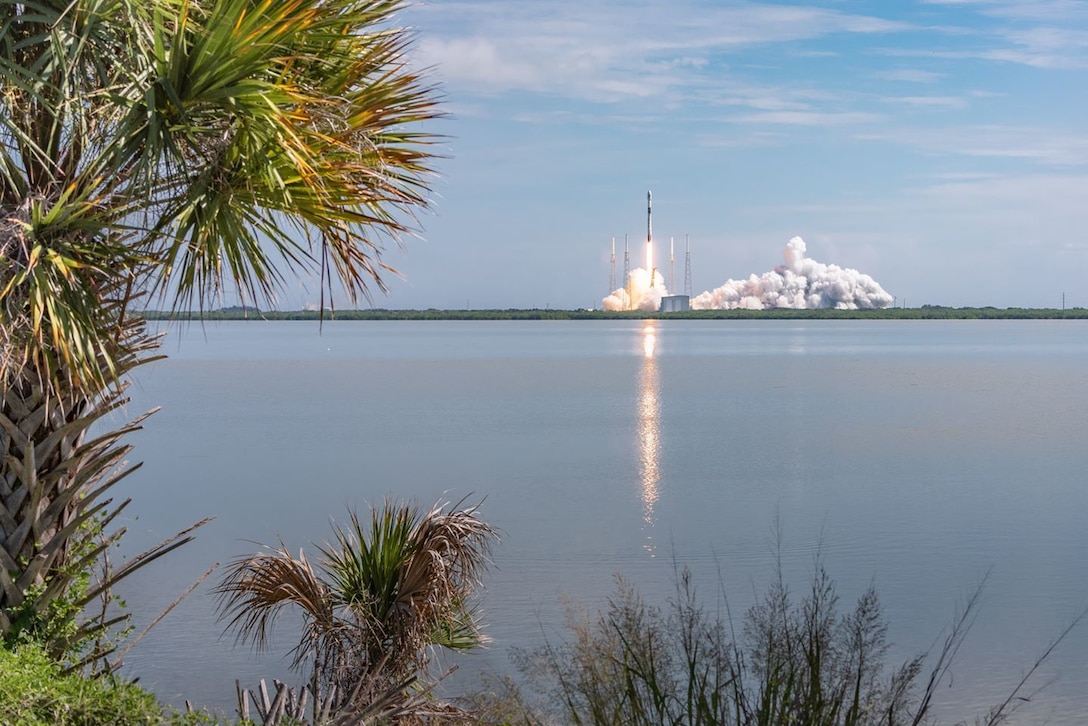 A rocket lifts off from Florida launch pad.