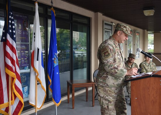 Colonel John Gonzales, 51st Fighter Wing commander, provides remarks during a POW/MIA Recognition ceremony at Osan Air Base, Republic of Korea, Sept. 16, 2020. The POW/MIA Recognition Day serves as a symbol of the nation’s concern and commitment to resolving the fates of prisoners, missing, or those unaccounted for following World War II and the conflicts that followed. (U.S. Air Force photo by Senior Airman Denise Jenson)