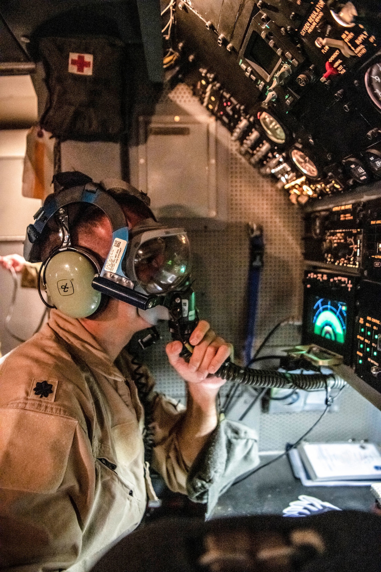 Lieutenant Col. Jeff Waterman, 968th Expeditionary Airborne Air Control Squadron, 968 EAACS director of operations, performs a pre-flight check on his oxygen mask before take-off at Al Dhafra Air Base, United Arab Emirates Sept. 15, 2020. Deployed Airmen from the 968 EAACS provide continuous Battle Management Command and Control for over 5,000 aircraft to include Defensive Counter Air, Close Air Support, Remotely Piloted Aircraft, Tanker, and Intelligence, Surveillance, and Reconnaissance assets. (U.S. Air Force photographer by Master Sgt. Patrick OReilly)