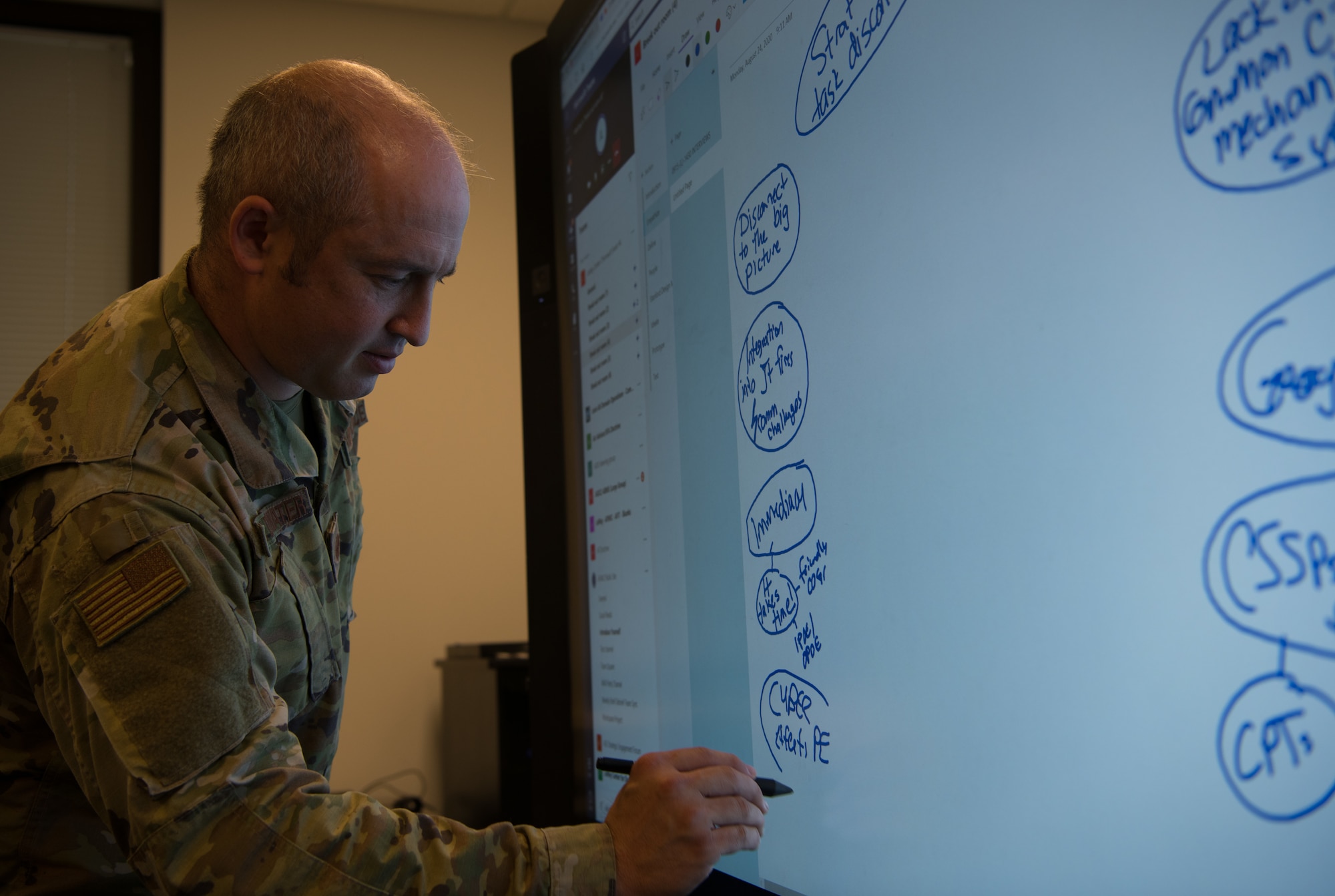 Maj. Scott Van De Water, chief of the Doctrine Outreach Division at the Curtis E. LeMay Center for Doctrine Development and Education, writes down notes taken from virtual participants of the Chennault Workshop 4, Aug. 24-25, 2020, at Maxwell Air Force Base, Alabama. The workshop brought together virtually and in-person nearly 75 warfighters, operators and planners from around the world to develop a better way to design integrated tasking orders, starting with one for the recently published doctrine Annex 3-1, Department of the Air Force Role in Joint All-Domain Operations. (U.S. Air Force photo by Airman 1st Class Jackson Manske)