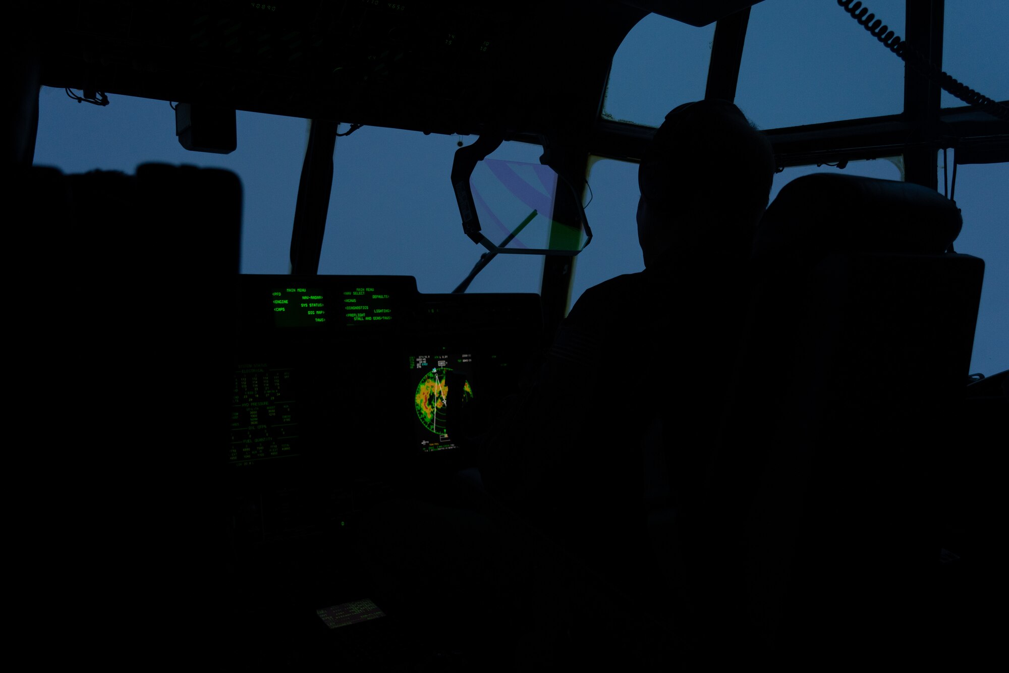 Members of the 53rd Weather Reconnaissance Squadron fly into Hurricane Sally to gather data on September 14, 2020, in the Gulf of Mexico. The Hurricane Hunters fly through tropical systems to gather weather data that they provide to the National Hurricane Center for their use in updating the storm forecast warnings. (U.S. Air Force photo by Staff Sgt. Shelton Sherrill)