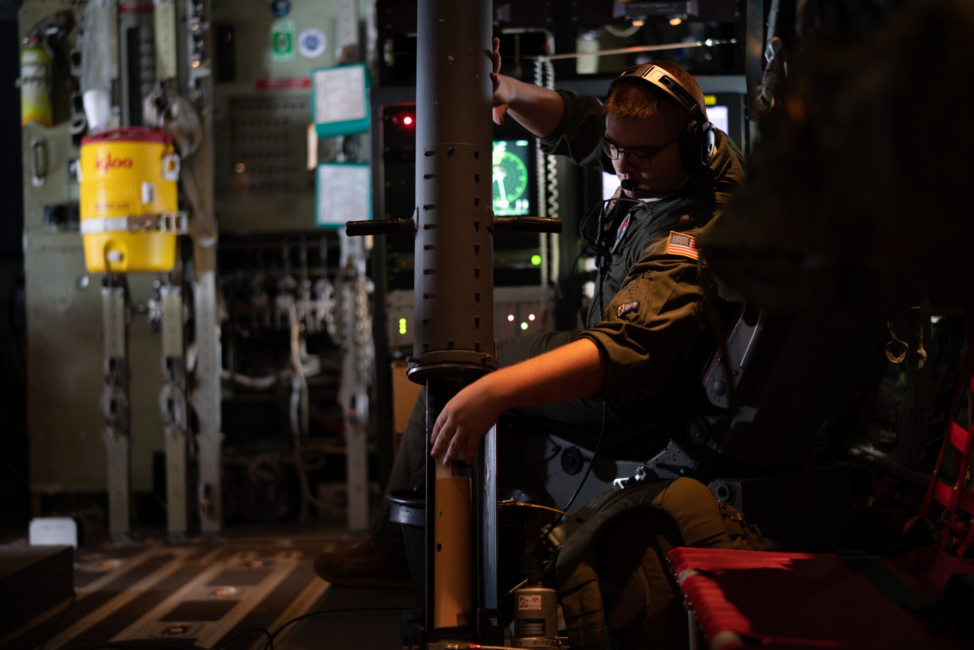 Members of the 53rd Weather Reconnaissance Squadron fly into Hurricane Sally to gather data on September 14, 2020, in the Gulf of Mexico. The Hurricane Hunters fly through tropical systems to gather weather data that they provide to the National Hurricane Center for their use in updating the storm forecast warnings. (U.S. Air Force photo by Staff Sgt. Shelton Sherrill)