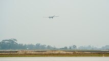 A MQ-9 Reaper approaches the runway during Exercise Agile Reaper Sept. 12, 2020, at Naval Air Station Point Mugu, California. Agile Reaper is a routine training exercise that allows participants to generate maritime domain awareness for joint partners, while increasing training production and Airmen capabilities. (U.S. Air Force photo by Senior Airman Collette Brooks)