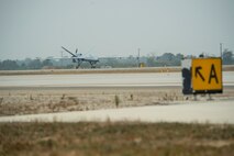 A MQ-9 Reaper taxis on the runway during Exercise Agile Reaper Sept. 12, 2020, at Naval Air Station Point Mugu, California. The routine training exercise focused on MQ-9 multi-role training to support forces in high-end fights by quickly moving persistent, multi-role aircraft across the battlespace where least expected. (U.S. Air Force photo by Senior Airman Collette Brooks)