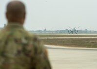 A MQ-9 Reaper taxis on the runway during Exercise Agile Reaper Sept. 12, 2020, at Naval Air Station Point Mugu, California. The routine training exercise is a total force and joint training exercise that bolsters the quality of MQ-9 training and prepares the community for near and peer-level adversary competition. (U.S. Air Force photo by Senior Airman Collette Brooks)