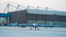 A MQ-9 Reaper taxis on the runway during Exercise A Sept. 14, 2020, at Naval Air Station Point Mugu, California. Agile Reaper is a total force and joint exercise over the Pacific training ranges, focused on enhancing the MQ-9’s ability to rapidly deploy anywhere, with minimal logistics to bolster the effectiveness of fleet, air and surface forces. (U.S. Air Force photo by Senior Airman Collette Brooks)