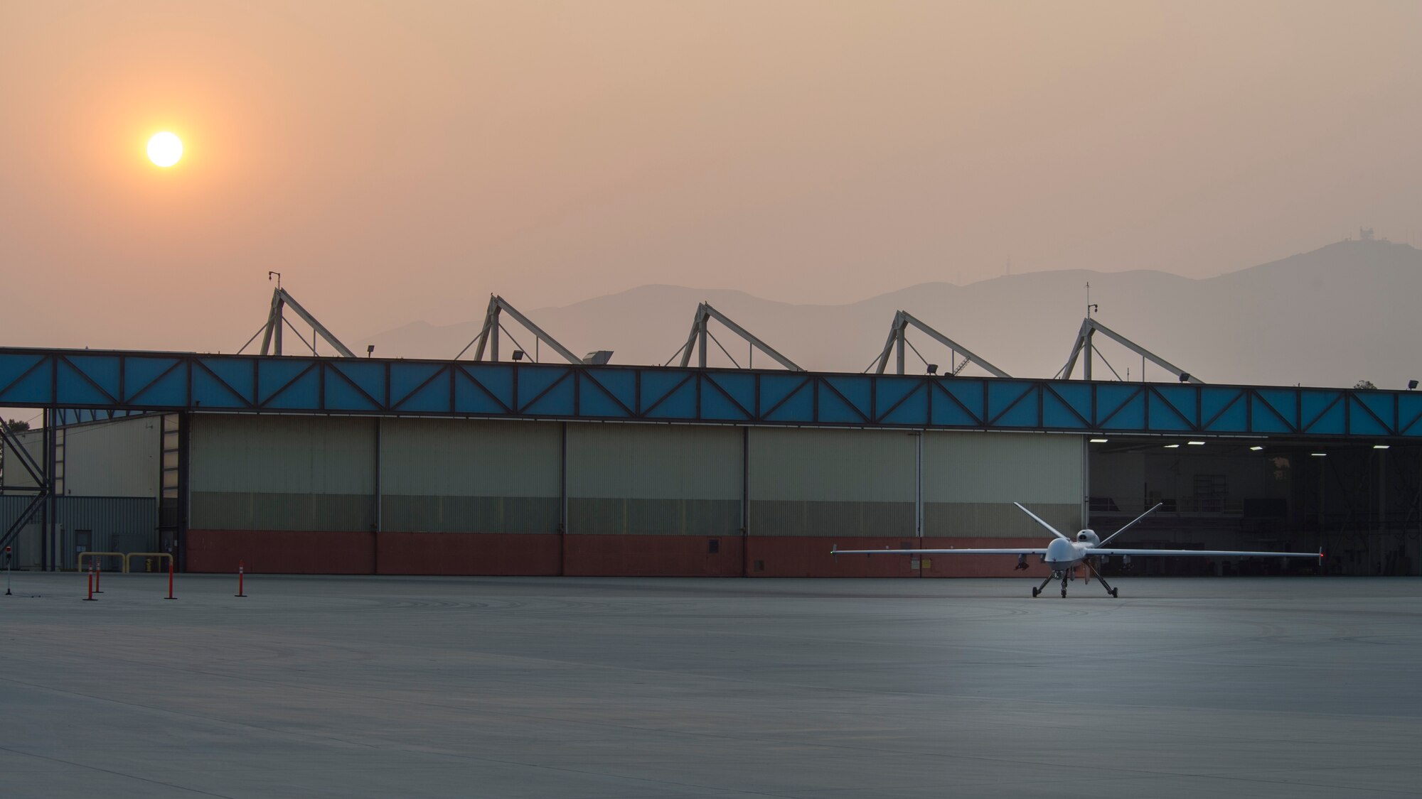 A MQ-9 Reaper taxis on the runway during Exercise Agile Reaper Sept. 14, 2020, at Naval Air Station Point Mugu, California. The routine training exercise highlights the agile and remote command and control capabilities of the MQ-9. (U.S. Air Force photo by Senior Airman Collette Brooks)