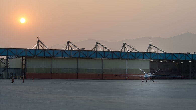 A MQ-9 Reaper taxis on the runway during Exercise Agile Reaper Sept. 14, 2020, at Naval Air Station Point Mugu, California. The routine training exercise highlights the agile and remote command and control capabilities of the MQ-9. (U.S. Air Force photo by Senior Airman Collette Brooks)