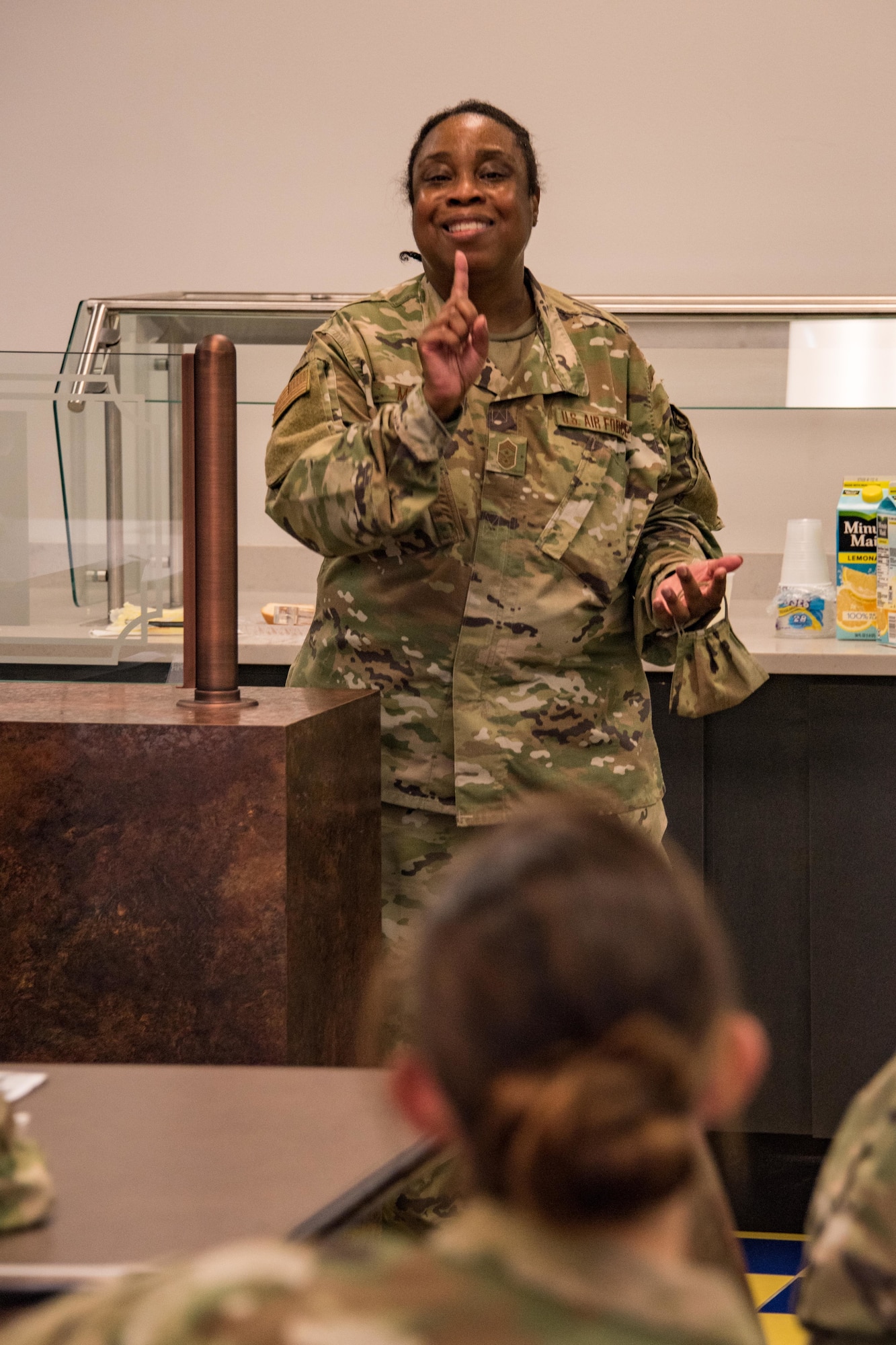 Command Chief Master Sergeant  Robbin Moore discusses Airman resiliency, August 27, 2020 at New Castle Air National Guard Base, Del. This was CMSgt Moore’s first monthly “Chat n Chew” event for 166th Airlift Wing NCOs. (USAF photo by Mr. Mitch Topal)