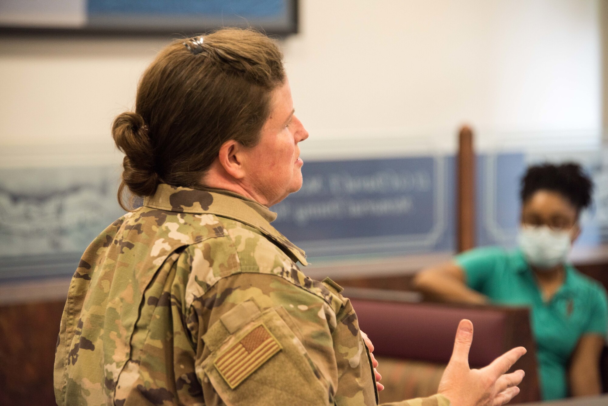 MSgt Kathaleen Cassedy, 166th Airlift Wing Safety and Occupational Health Manager, talks about safety issues during CMSgt Moore’s first monthly “Chat n Chew” event, August 27, 2020 at New Castle Air National Guard Base, Del.  (USAF photo by Mr. Mitch Topal)