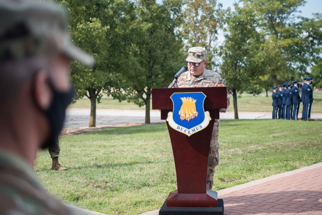 Lt. Col. Paul Castillo, 22nd Wing Staff Agencies wing chaplain, reminds 2020 POW/MIA wreath laying ceremony attendees the importance of honoring service members who have sacrificed their freedom or lives in service to their country Sept. 16, 2020, at McConnell Air Force Base, Kansas. America’s Armed Forces still search for the approximately 82,000 men and women who are unaccounted for. (U.S. Air Force photo by Senior Airman Alexi Bosarge)