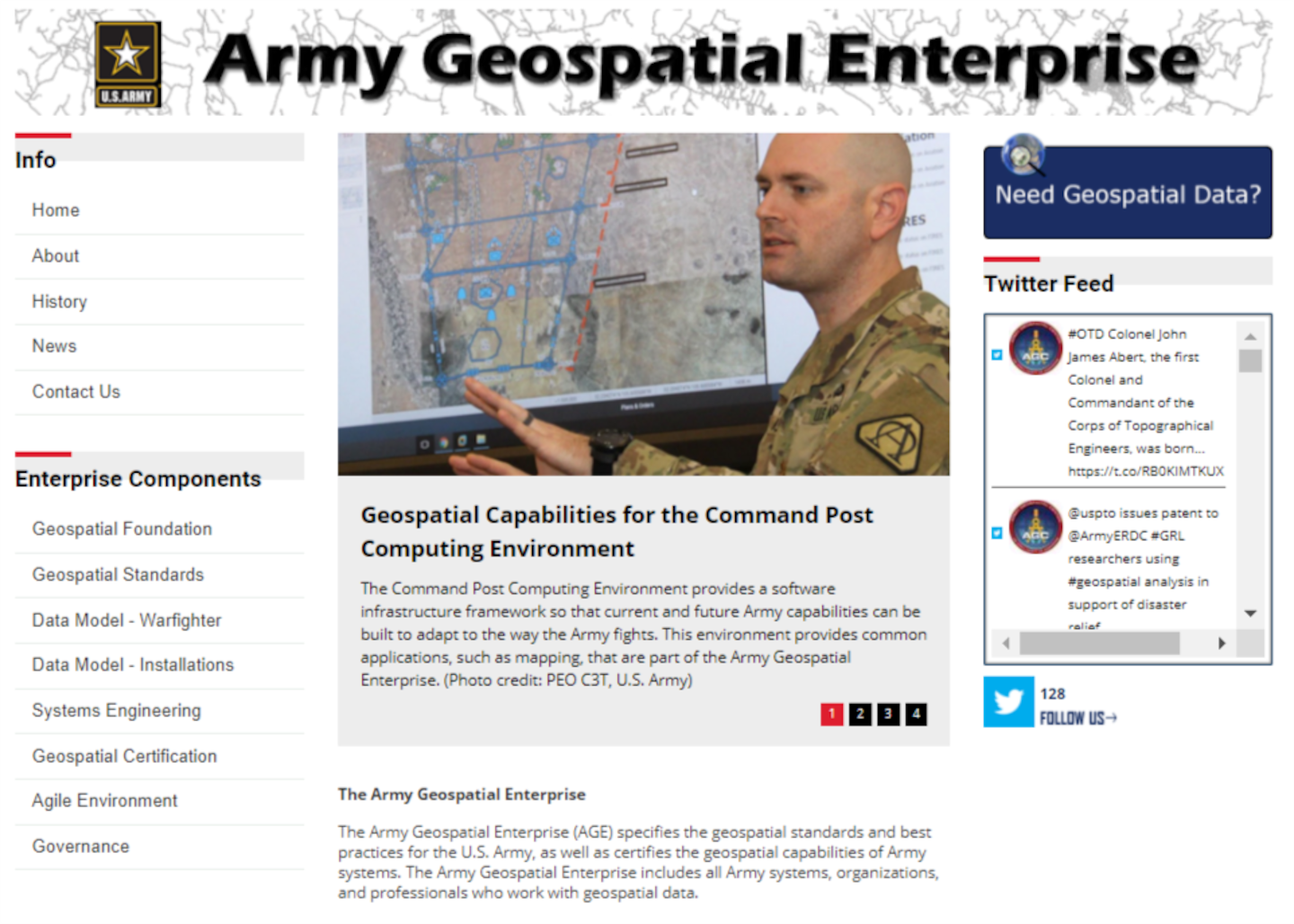 This is an image of the Army Geospatial Enterprise Home page taken on September 17, 2020.