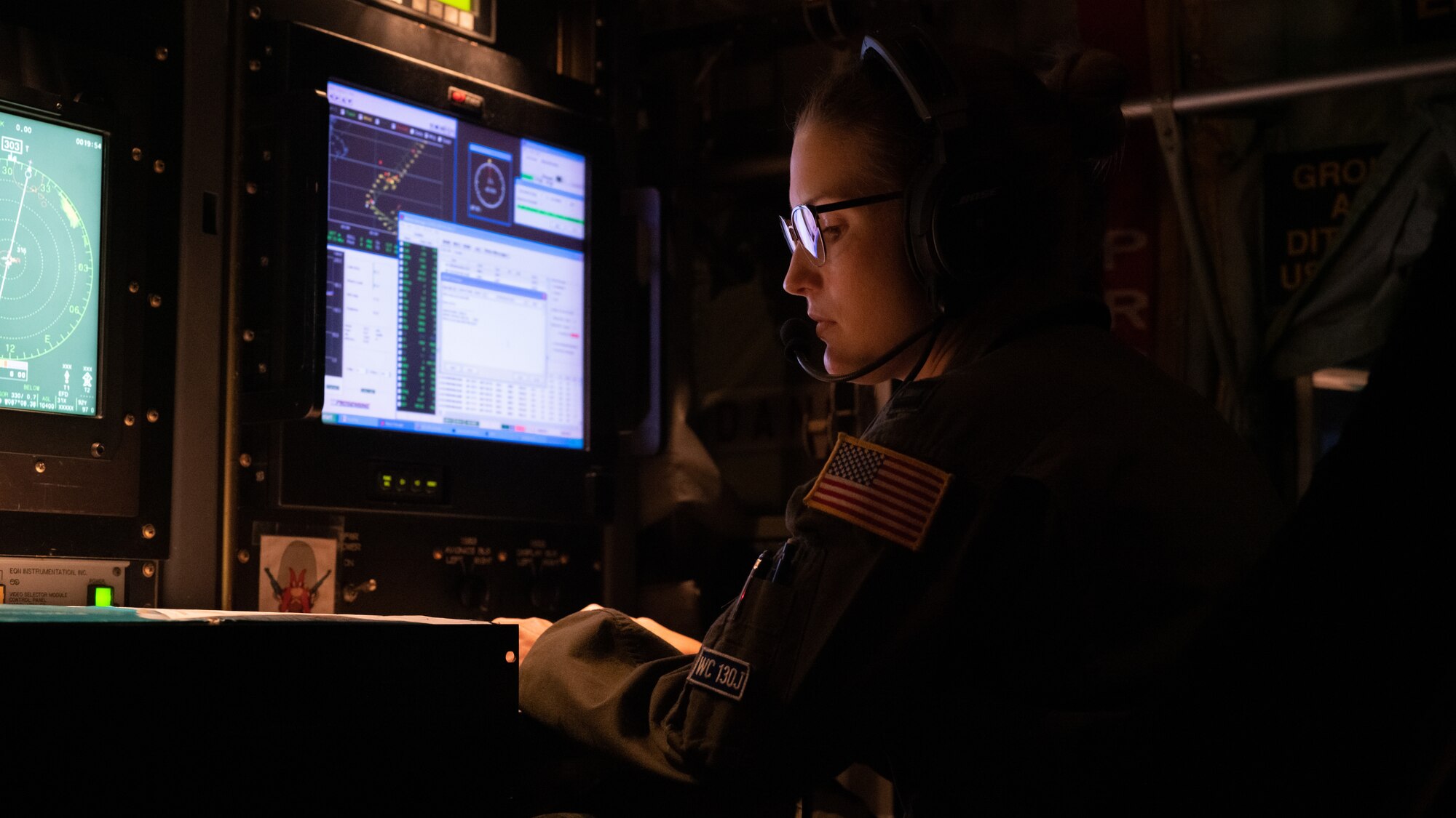 Members of the 53rd Weather Reconnaissance Squadron fly into Hurricane Sally to gather data on September 14, 2020, in the Gulf of Mexico. The Hurricane Hunters fly through tropical systems to gather weather data that they provide to the National Hurricane Center for their use in updating the storm forecast warnings. (U.S. Air Force photo by Staff Sgt. Shelton Sherrill)