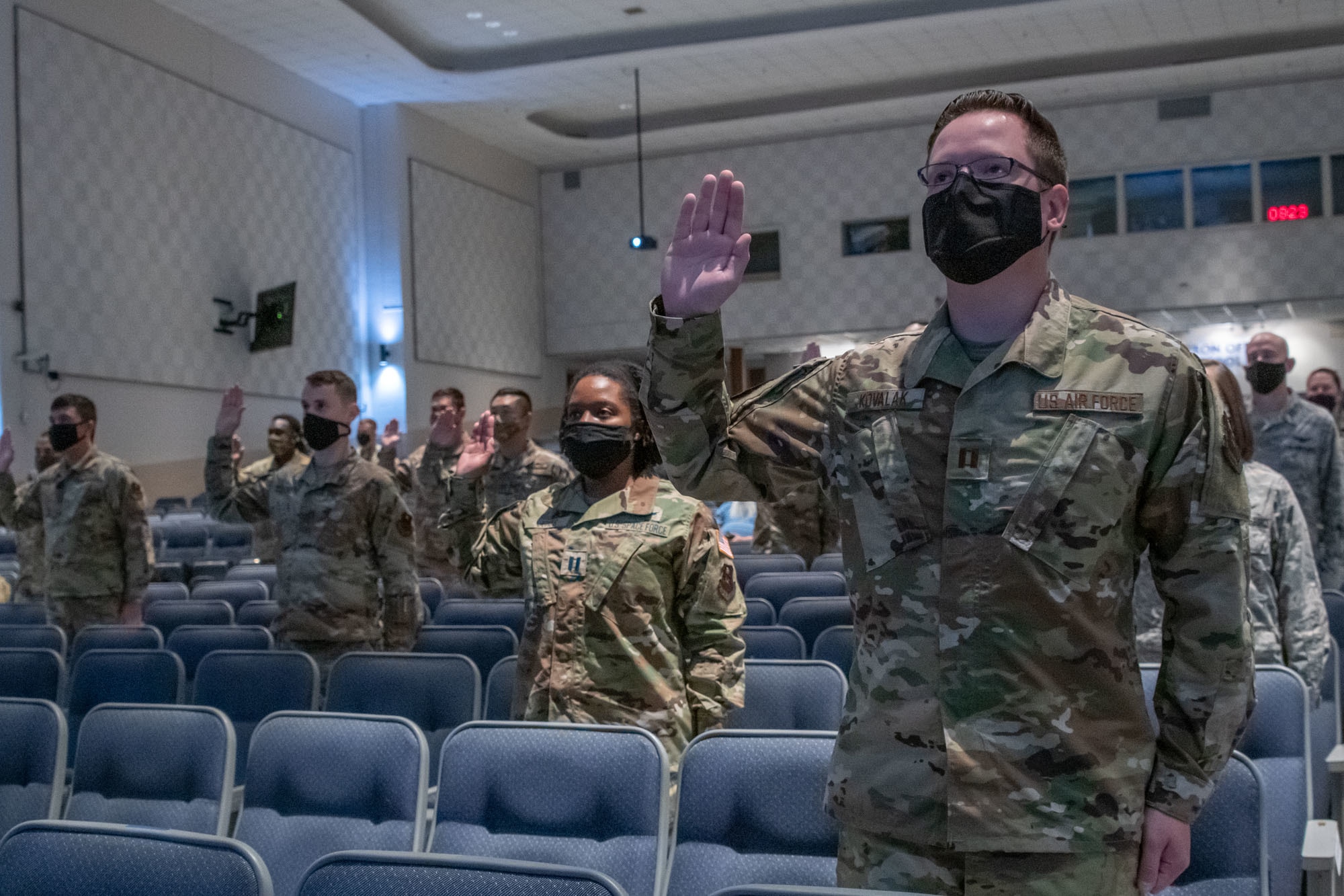 Air Force and Space Force officers take a ceremonial oath of office during a virtual commissioning ceremony Sept. 15, 2020, on Maxwell Air Force Base, Alabama. Eighteen Maxwell-Gunter officers took the oath, led by U.S. Space Force Chief of Space Operations Gen. John W. "Jay" Raymond. The general administered the oath to more than 300 officers and enlisted members stationed around the world following his virtual presentation at the Air Force Association's 2020 Virtual Air, Space and Cyber Conference. (U.S. Air Force photo by Trey Ward)