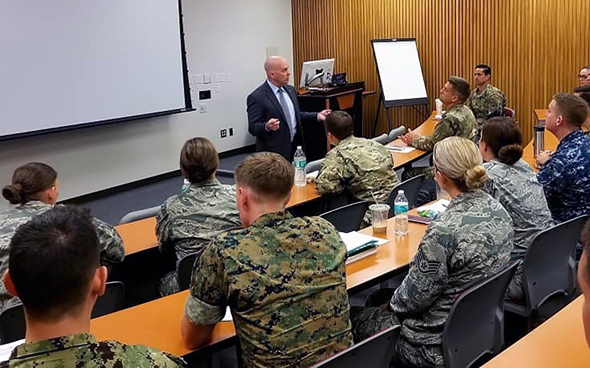 Dr. Richard Thomas, president of the Uniformed Services University, welcomed a new class of Enlisted to Medical School Preparatory Program, or EMDP2, students to campus in this 2019 photo.