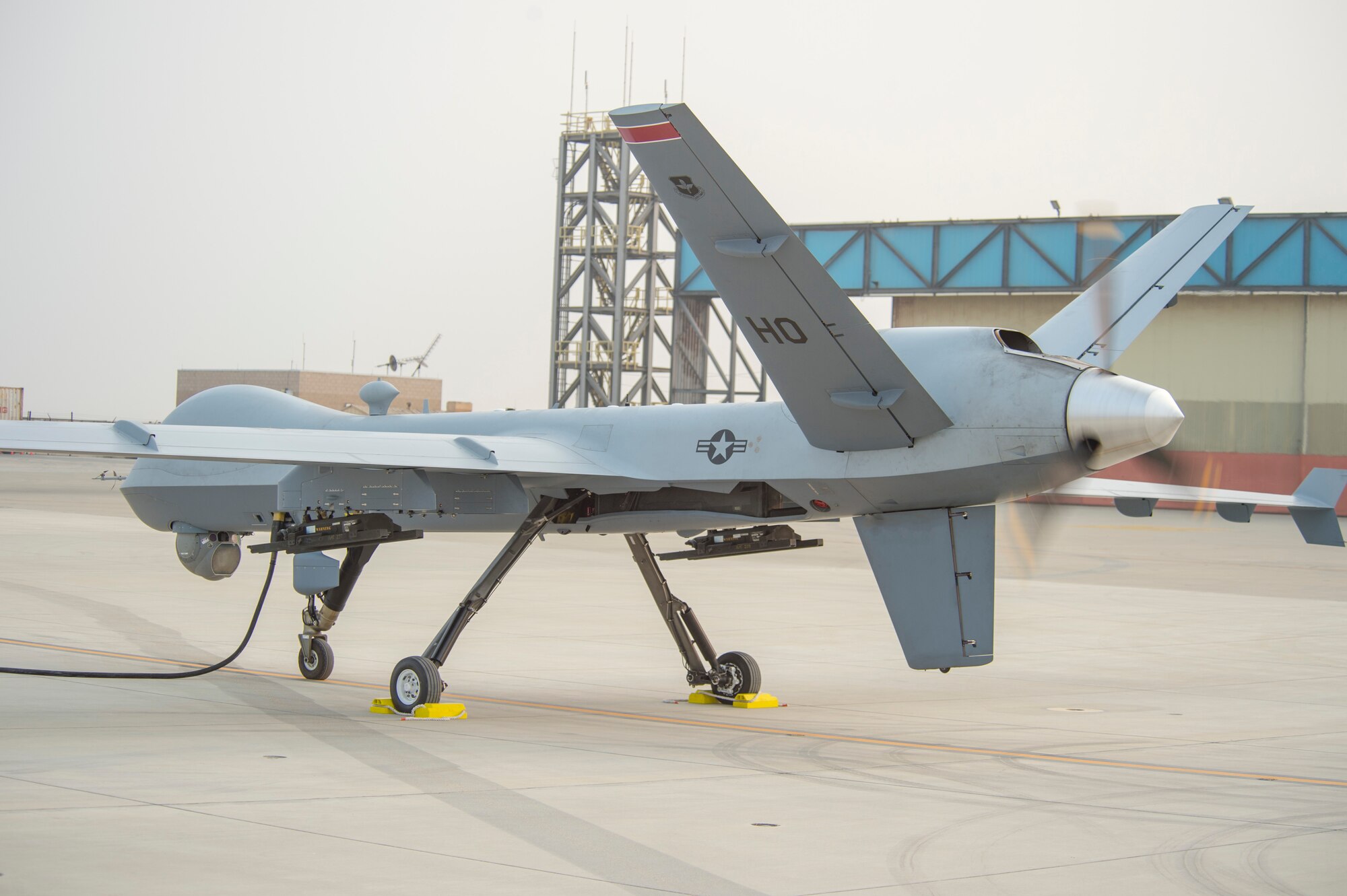 A MQ-9 Reaper sits on the runway pre-flight during Exercise Agile Reaper Sept. 15, 2020, at Naval Air Station Point Mugu, California. The routine training exercise is the first iteration of Agile Reaper and included deployment of three MQ-9s and remote command and control infrastructure. (U.S. Air Force photo by Senior Airman Collette Brooks)