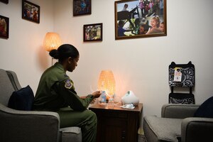 Capt. Ebony Godfrey, 20th Air Force nuclear command, control and communication operations chief, assembles a breast pump in the 20th Air Force headquarters lactation room, Sept. 3, 2020, at F. E. Warren Air Force Base, Wyo. Lactation rooms at bases across the Air Force provide a private and comfortable environment for nursing mothers to express breastmilk, which promotes health for both the mother and baby. Enabling mothers to fulfill their motherhood responsibilities at work benefits mission readiness, both in the short and long term. (U.S. Air Force photo by Capt. Ieva Bytautaite)