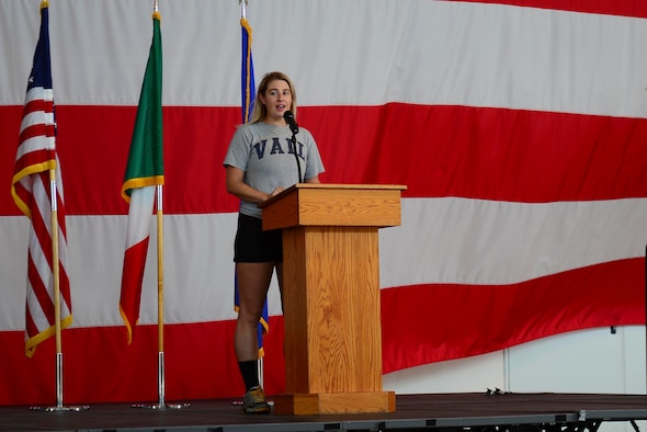 Senior Airman Kailen Kistler speaks at the Run for the Dream 5k event at Aviano Air Base, Italy, Sept. 12, 2020. Kistler organized the event after witnessing the video of George Floyd’s death in May 2020. (U.S. Air Force photo by Tech. Sgt. Tory Cusimano)