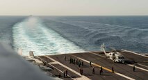 200918-N-ZR324-1027 STRAIT OF HORMUZ (Sept. 18, 2020) A MH-60S Sea Hawk helicopter, from the “Screamin’ Indians” of Helicopter Sea Combat Squadron (HSC) 6, prepares for takeoff from the aircraft carrier USS Nimitz (CVN 68) during a Strait of Hormuz transit, Sept. 18. The Nimitz Carrier Strike Group is deployed to the U.S. 5th Fleet area of operations in support of naval operations to ensure maritime stability and security in the Central Region, connecting the Mediterranean and the Pacific through the western Indian Ocean and three strategic choke points. With Nimitz as the flagship, deployed strike group assets include staffs, ships and aircraft of Carrier Strike Group 11, Destroyer Squadron 9, Princeton and Carrier Air Wing 17.  (U.S. Navy photo by Mass Communication Specialist 3rd Class Jose Madrigal)