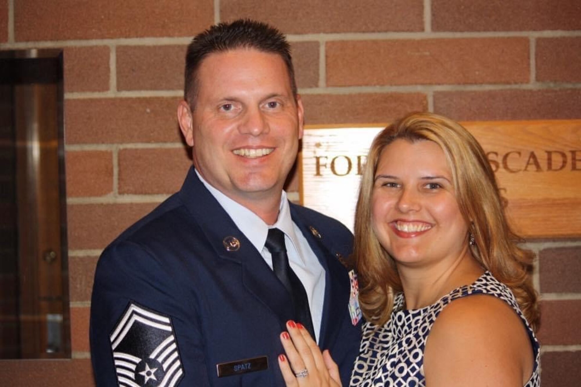 U.S. Air Force Senior Master Sgt. Carl Joseph “CJ” Spatz III, air traffic controller and facility manager, poses for a photo with his wife, Angela Spatz, during his retirement day at Joint Base Lewis-McChord, Wash., Sept. 11, 2015. (Courtesy photo)