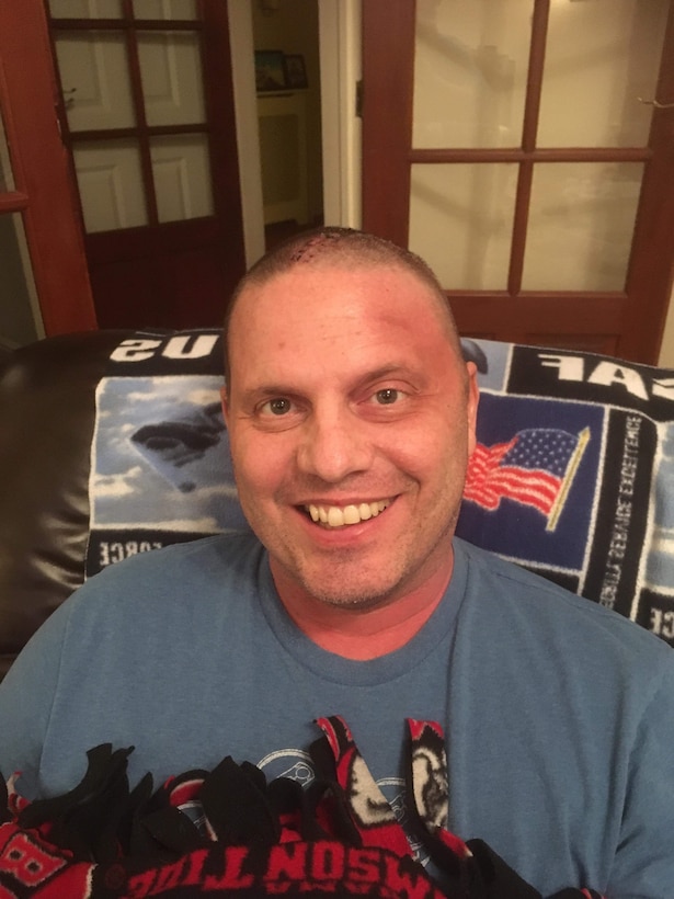 U.S. Air Force Senior Master Sgt. Carl Joseph “CJ” Spatz III, retired air traffic controller and facility manager, poses for a photo ten days after surgery, April 15, 2019. CJ was diagnosed with a brain tumor March 25, 2019 while his wife was 25 weeks pregnant with their child. (Courtesy photo)